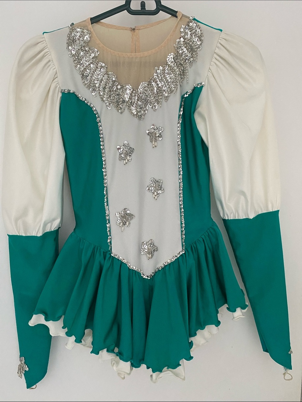 Figure Skating Dance Costume in Teal & white w Silver sequence girls Sze Medium